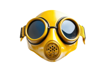 Vintage yellow gas mask with goggles isolated on transparent background. Yellow mask with goggles isolated on white background.