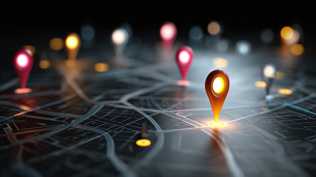 A close-up view of glowing location markers placed on a detailed map, symbolizing navigation and destination