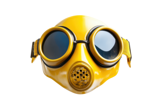 Vintage yellow gas mask with goggles isolated on transparent background. Yellow mask with goggles isolated on white background.
