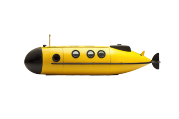 Cute yellow cartoon submarine isolated on transparent background. Yellow submarine with a black round isolated on white background.