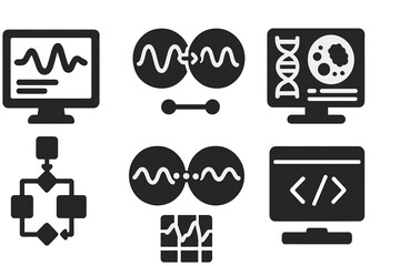 Quantum Tools Icons. Solid style icons of quantum modeling tools: simulation software screen, virtual particle interaction icon,