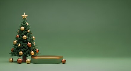 Decorated Christmas tree next to a gold and green product stage on a muted green backdrop