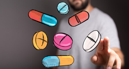 Digital illustration of pills, healthcare, medicine, treatment, pharmacy, doctor, health, wellness, technology, innovation,  future.