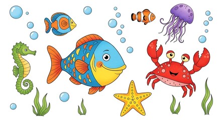 Colorful cartoon sea life illustration with cheerful sea creatures and bubbles