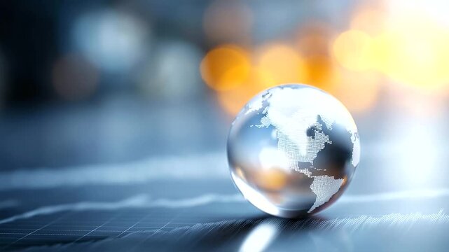 Glass globe with world map defocused financial chart, faceless business technology, data visualization detail, blurred transparent background, global economy concept, digital inter - Powered by Adobe