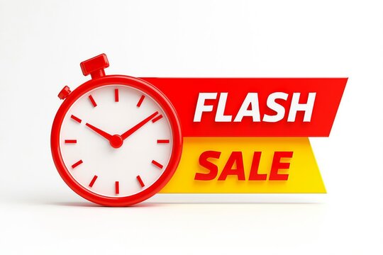 Red stopwatch and bright red and yellow banner announcing a limited time flash sale event - Powered by Adobe