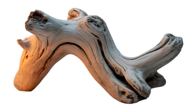 Weathered driftwood piece on a clean background, showcasing intricate natural textures and an organic, twisted form isolated on transparent background