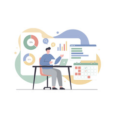 Man Analyzing Digital Planner Charts and Analytics Widgets with Laptop and Calendar Task Management Strategy Planning