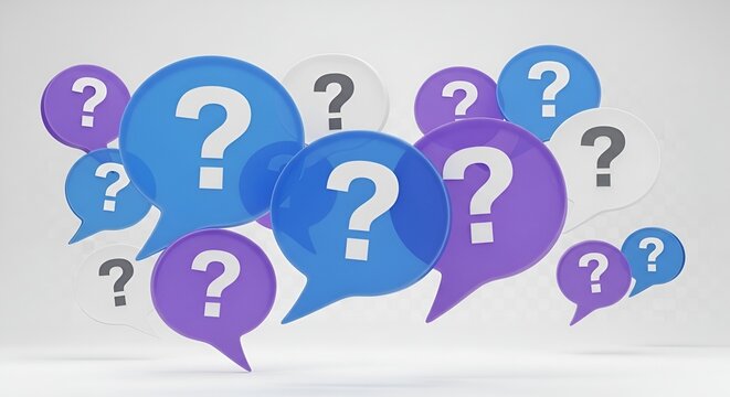 Conceptual illustration with question mark symbols in speech bubbles on white background