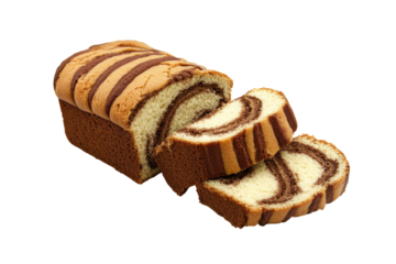 Slice of marbled pound cake with dark cinnamon swirls isolated on transparent background. Cinnamon swirl loaf sliced cake isolated on white background.