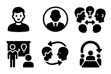 Startup Mentorship Icons. Solid style icons of startup mentorship dynamics: young founder icon, investor listening badge, idea