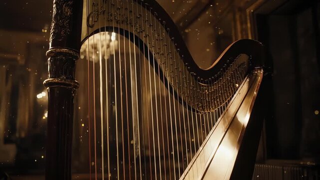 A close-up of a harp in a dim, gilded room, with bokeh