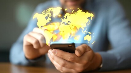 Businessman holding smartphone with glowing defocused world map, faceless mobile connectivity, global visualization detail, blurred network background, connection concept, expansio - Powered by Adobe