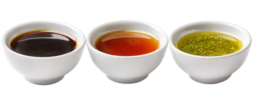 Three small white bowls containing different types of sauces, showcasing a variety of colors and textures, placed on a clean surface, ideal for culinary presentations or food photography