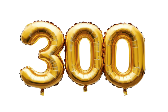Golden "300" number balloons isolated on transparent background. Golden foil number balloons celebrating 300th isolated on white background.