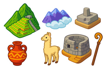 Obraz premium Machu Picchu Icons. Isometric vector illustration set Historical monuments – Machu Picchu terraces, Intihuatana stone, Temple of