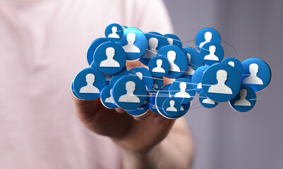 Abstract design of a hand holding network icons representing social media connection, community, people, and teamwork. Concept of communication.