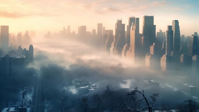 A digital artwork depicting a cityscape enveloped in mist. The city is depicted with towering skyscrapers, some of which are shrouded in fog. The sky is painted in soft hues of orange and blue.