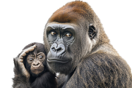 Mother gorilla holding her baby isolated on transparent background. Gorilla female with her baby isolated on white background.