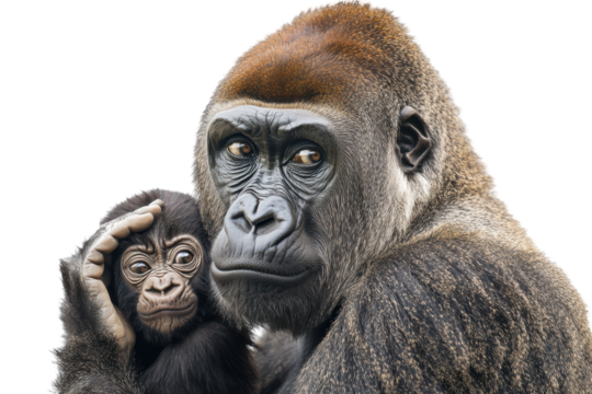 Mother gorilla holding her baby isolated on transparent background. Gorilla female with her baby isolated on white background.