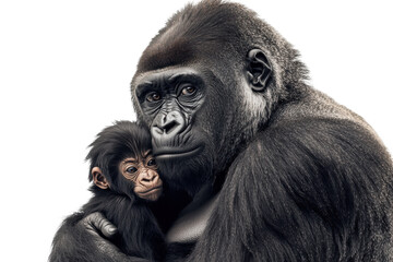 Mother gorilla holding her baby isolated on transparent background. Gorilla female with her baby isolated on white background.