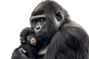 Mother gorilla holding her baby isolated on transparent background. Gorilla female with her baby isolated on white background.