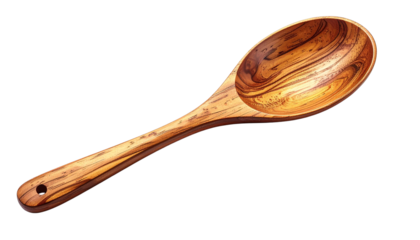 A natural wooden cooking spoon isolated on a white background. Smooth and durable, perfect for stirring, mixing, and serving food. Made from eco-friendly wood, ideal for everyday kitchen use or as a r
