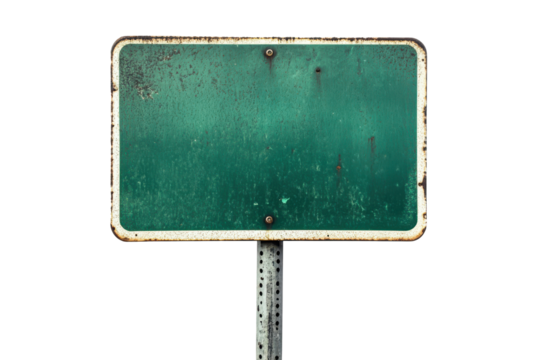 Old green rectangular sign on a pole isolated on transparent background. Green blank road sign on metal post isolated on white background.