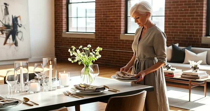 Elegant woman setting a modern dining table in a stylish loft apartment