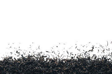 Pile of black tea leaves with fresh green tea leaves isolated on transparent background. Loose black tea leaves arranged in a pile on white background.