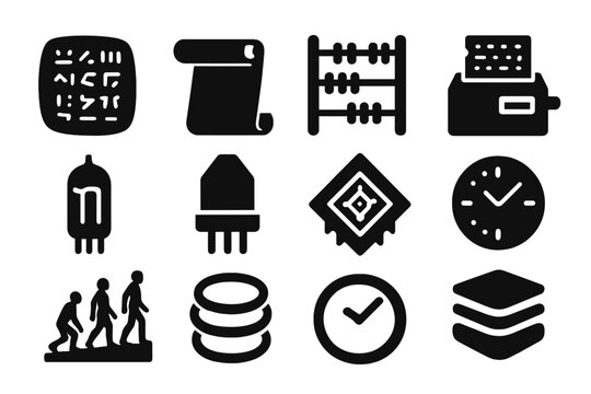 Ancient Meets Futuristic Tech. Solid style icons of ancient vs futuristic computing: clay tablets, scroll icons, abacus prisms.