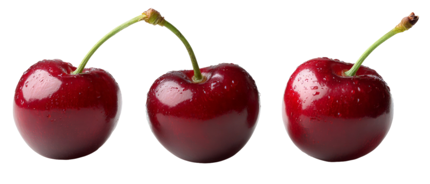 Three fresh, glistening cherries with vibrant red skin and green stems, arranged in a row against a clean, white background, ideal for food-related themes and culinary uses