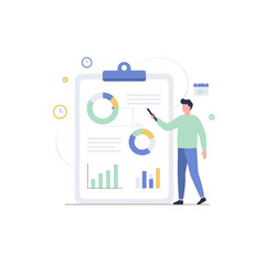 Man Interacting With Digital Whiteboard Displaying Charts and Timelines With Circular Graphs and Bar Charts Flat Minimalist Style