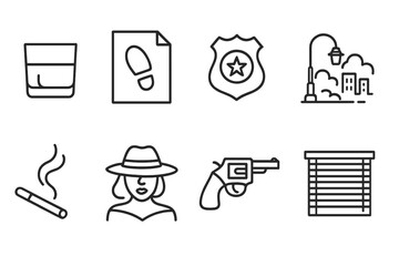 Film Noir Icons. Line style icons of Film Noir: Whiskey Glass, Crime Evidence, Detective Badge, Foggy Street, Smoking Cigarette,
