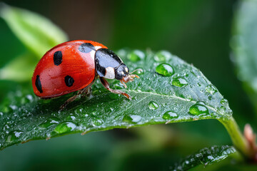Fototapeta premium Ladybug on a Dewy Green Leaf Close Up