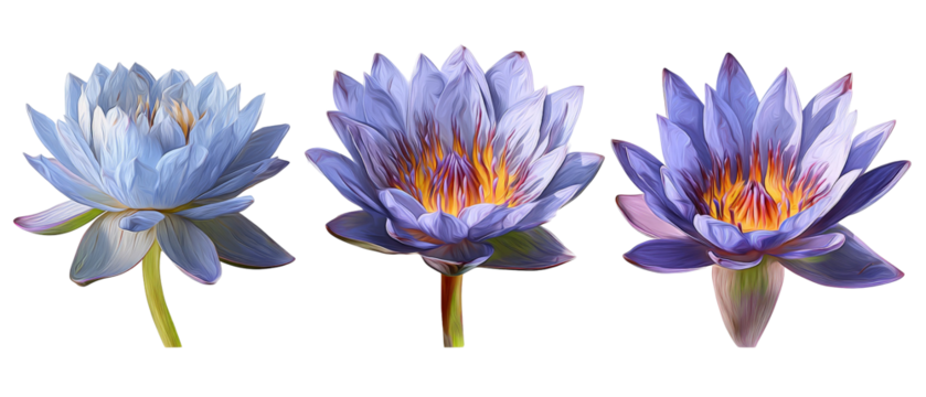 Three beautifully rendered water lilies in varying shades of blue and purple, showcasing their intricate petals and vibrant centers, set against a clean, white background