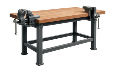 Durable workbench with a strong frame and dual vices for heavy-duty metalwork.