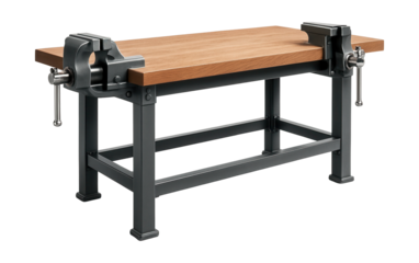 Durable workbench with a strong frame and dual vices for heavy-duty metalwork.