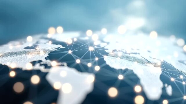 Digital world map with interconnected nodes defocused network, faceless global connectivity, business visualization detail, blurred continental background, exchange concept, intern