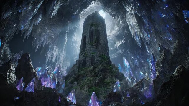 A stone tower inside a cavern surrounded by giant crystals and light