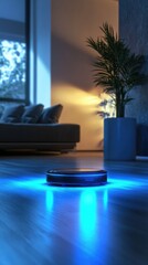 Robotic vacuum cleaner cleaning a living room at night