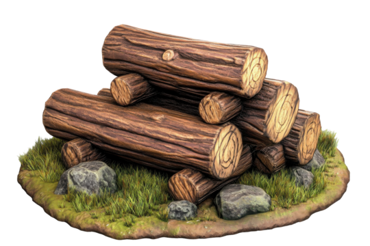 Pile of cut logs on mossy ground isolated on transparent background. Pile of natural wooden logs isolated on white background.