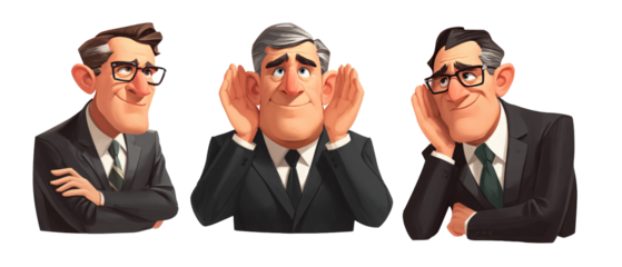 Three animated businessmen displaying various expressions of curiosity and intrigue, set against a simple, neutral background, ideal for illustrating communication concepts
