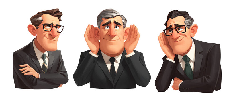 Three animated businessmen displaying various expressions of curiosity and intrigue, set against a simple, neutral background, ideal for illustrating communication concepts