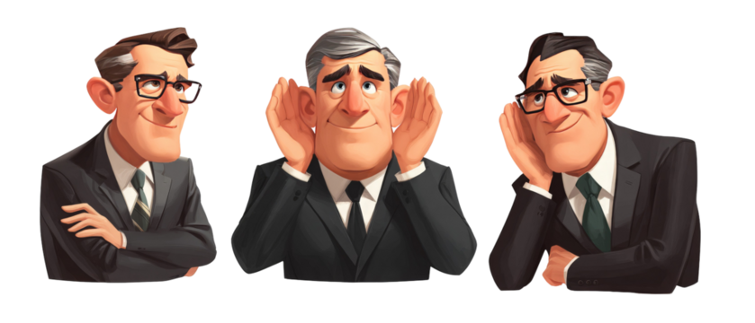 Three animated businessmen displaying various expressions of curiosity and intrigue, set against a simple, neutral background, ideal for illustrating communication concepts