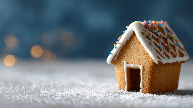 Close-up of a small gingerbread house decorated with white icing and colorful sprinkles on a snowy surface with blurred festive lights in the background