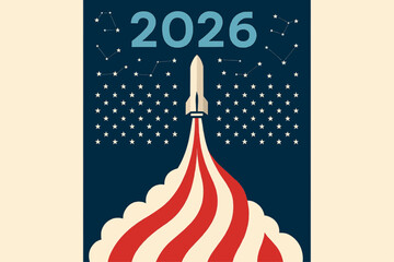 Space and Sea — Rocket Plume as Flag Stripes with 50-Star Constellations, 2026 © Alina