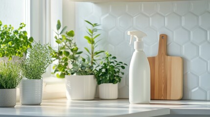 White Eco-Friendly Cleaning Spray Bottle in a Bright Kitchen Corner