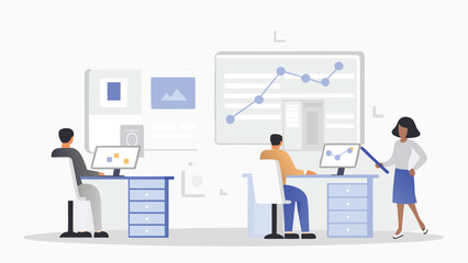 Diverse team collaborating in a modern office environment analyzing data and charts on computers and screens