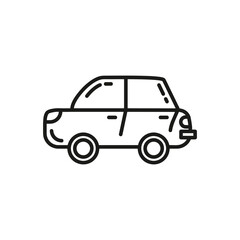 Line art shows a car in profile with a round body a front and back wheel and a side mirror